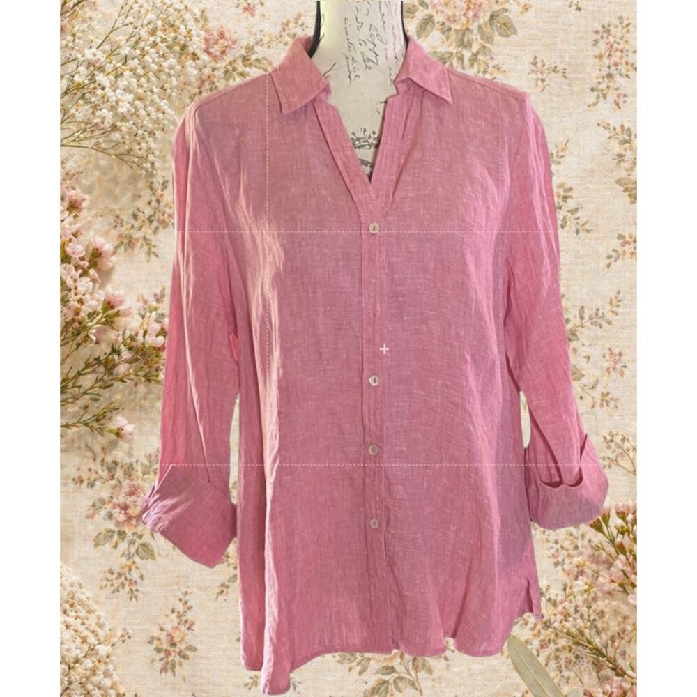 Foxcroft NYC Womens L Pink 100% Linen Shirt Coastal Lagenlook Fall Layer - Picture 2 of 8